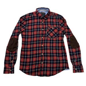 Alcott Company Flannel Shirt Mens Large L Red Black Plaid Elbow Patch Button Up